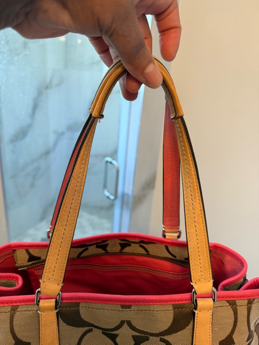 Coach Beige Signature Canvas Tote with Pink Trim and Tan Handles - Picture 9 of 11